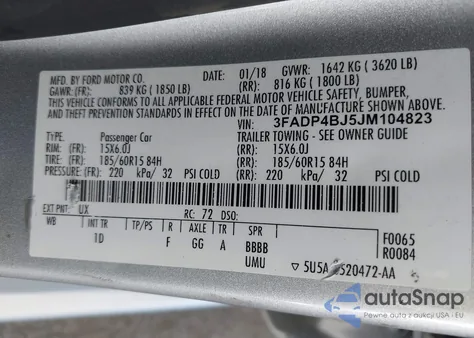 2018 Ford Fiesta Se из США, поврежденный, VIN 3FADP4BJ5JM104823